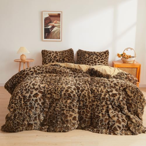 XeGe Flauschiges Kunstfell-Bettwäsche-Set mit Gepardenmuster, 3-teilig, weiches Plüsch, zottelig, flauschiges Bettwäsche-Set (1 Bettdeckenbezug aus Kunstfell mit Leopardenmuster + 2 pelzige