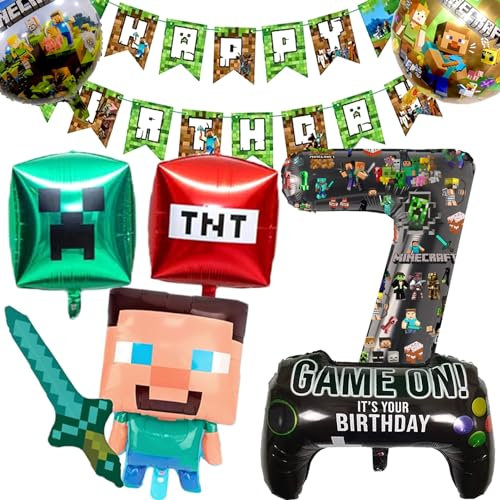 7th Gaming Birthday Decorations 8 Year Happy Birthday Balloon Banner Foil Balloons for Boy Birthday Balloons Cartoon Supplies Gaming Theme Party Supplies Decoration