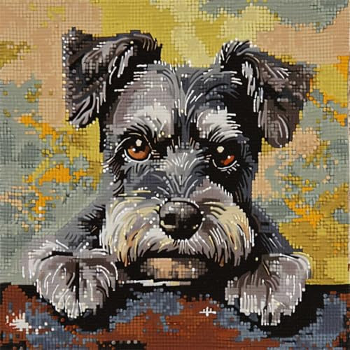 RKFLGEW DIY knüpfen set kissen Schnauzer Tier knüpfhaken set Süßer Hund Knüpfset für Kissen，DIY，handgefertigtes Kissen，Häkelgarn，Stickerei，Knüpfset für Kissenbezüge 43x43cm