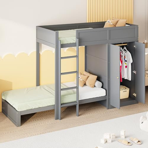Aoskem Kinderbett Etagenbett 90x200 cm für 2 Kinder, Hochbett Hausbett mit Leiter und Stauraum Kleiderschrank, Holzbett Jugendbett Bettgestell mit Rausfallschutz und Lattenrost, Ohne Matratze (Grau)