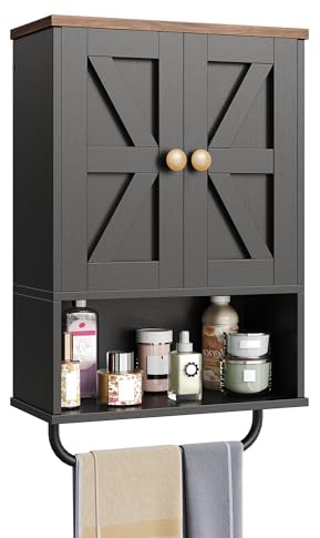 CHOEZON Bathroom Wall Cabinet, Medicine Cabinet with Open Partition and Towel Bar, Rustic Storage Cabinet with Open and Hidden Storage Space, for Bathroom, Living Room, Kitchen, Black and Walnut