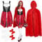 3PCS Adult Red Dress Costume Set for Women Halloween Fancy Dress Costumes with Hooded Cape Cloak Knee Thigh High Socks for Christmas Role Play Outfit (Red, M)