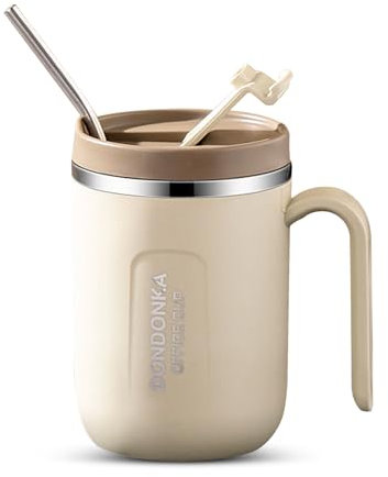 Kytpyi Mug Isotherme, Mug Isotherme Cafe, 500ml Étanche Mug Isotherme avec Paille Couvercle pour Boissons Chaud Froid, Tasse Isotherme Acier Inoxydable Anti-brûlure pour Maison Bureau Voyage (Beige)