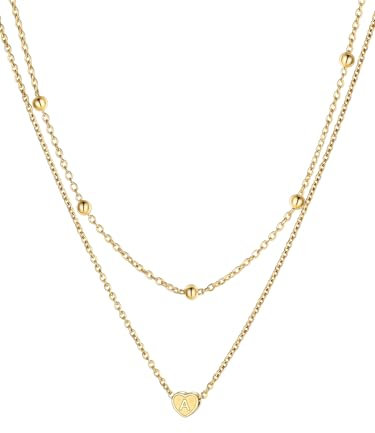 FOCALOOK Collar Mujer 2 Capas Acero Inoxidable 316L Choker Bolitas con Colgante Corazón Letra Inicial A Joyería Romántica Pareja Nombres Personalizados