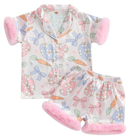 XIXIMAON 1-10Y Baby Girls Easter Pajamas Set Short Sleeve Button Down Easter Eggs Carrot Print Feather Trim Satin Shirt Elastic Shorts Set 2pcs Sleepwear