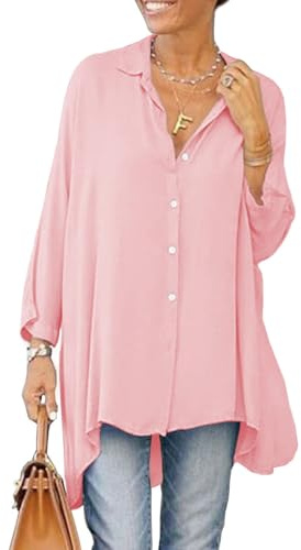 Cicy Bell Camicetta da Donna con Scollo a V T-Shirt a Maniche Lunghe in Raso con Bottoni Top a Tunica Casual, Rosa, XXL
