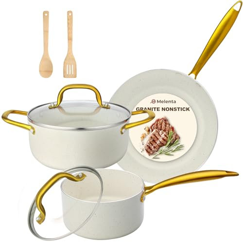 M MELENTA Pots and Pans Sets Non Stick, 7 PCS Cream White Granite Induction Hob Pan Set, Non Toxic Cooking Cookware Set with Saucepan Set, Oven Safe