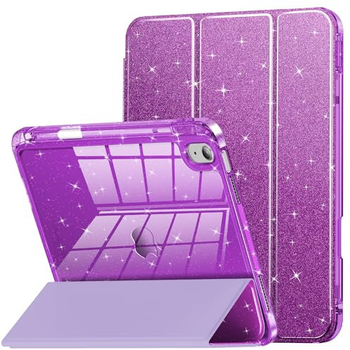 INFILAND Compatible with iPad A16 11th Generation 11 Inch 2025 Case, iPad Case 10th Generation 10.9 Inch, Glitter Cover with Sparkly Clear Back, Pencil Holder, for Kids Girls (Dark Purple)