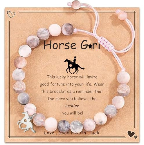 LunarCharm Armband mit Pferdeanhänger aus rosa Naturstein, Kinder Mädchen Armband für Mädchen, Enkelin, Tochter, Nichte, die Pferde liebte, Pferdegeschenke