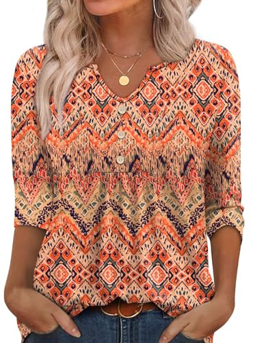WIHOLL Womens Boho Floral 3/4 Sleeve V-Neck Tunic Tops Size 18-20