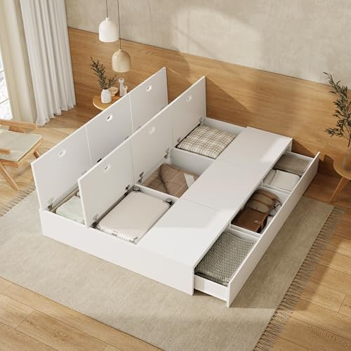 KecDuey Doppelbett,Stauraumbett 140 x 200 cm,Palettenbett, Funktionsbett, Massivholzbett, mit Stauraumbox unter dem Bett, mit Schubladen, mit Stauraum, ohne Matratze
