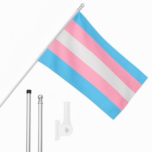 Set di bandiere transgender, asta e supporto da parete, bandiera transgender da 1,5 x 0,9 m, con occhielli, asta estensibile e supporto, decorazione per interni ed esterni, festival e celebrazioni