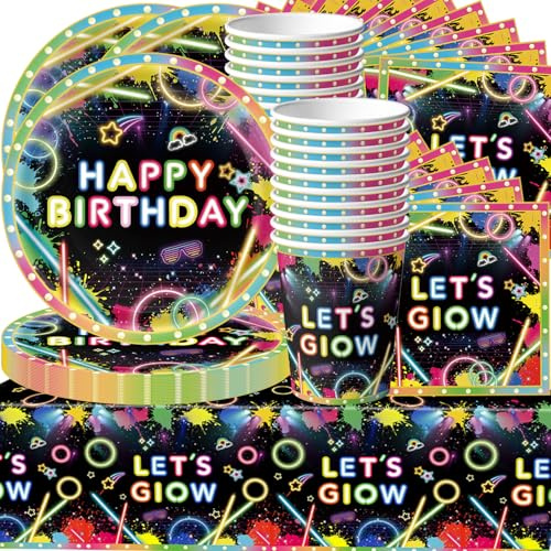 61Stk Neon Party Geschirr Set, bunte leuchtende Party Dekoration, Neon Thema Geburtstag, Jungen Mädchen Geburtstag Dekoration, Disco Geschirr einschließlich Teller Tasse Papier Handtücher Tischtuch