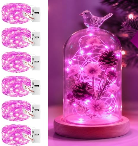 btfarm 3 Modes Fairy Lights Battery Operated with Timer, 6 Pack 2M 20 LED String Light Battery Powered, Waterproof Silver Wire Small Lights Indoor Decor for Valentine's Day Party Jars, Pink