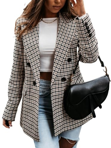 Femme Blazer Veste Blazer À Carreaux Pied-De-Poule pour Femme Revers Crantés Coupe Boyfriend Style Slim Idéale pour Le Bureau Ou Les Occasions Professionnelles Décontractées.