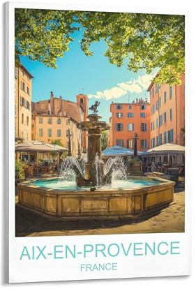 Aix en Provence France – Poster vintage de voyage – Impression sur toile pour décoration d'intérieur – Pour salon, chambre à coucher et bureau – Peinture de paysage urbain panoramique – 40 x 60 cm