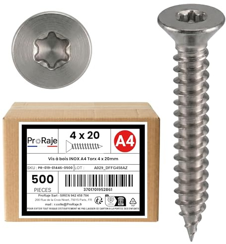PRORAJE Vis à bois INOX A4 : 4x20 mm Tête fraisée TORX, LOT DE 500 Pcs | Filetage Total, Acier inoxydable A4 (V4A / AISI 316), Construction / aggloméré / terrasse, 4 x 20mm , 4x20mm, 4 x 20 mm