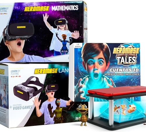 Heromask 3-in-1 Educational Bundle – Languages, Maths & Stories in VR and Holograms | 2-in-1 Set with VR Headset + Hologram Pyramid | Unique Gift for Kids Aged 5–12