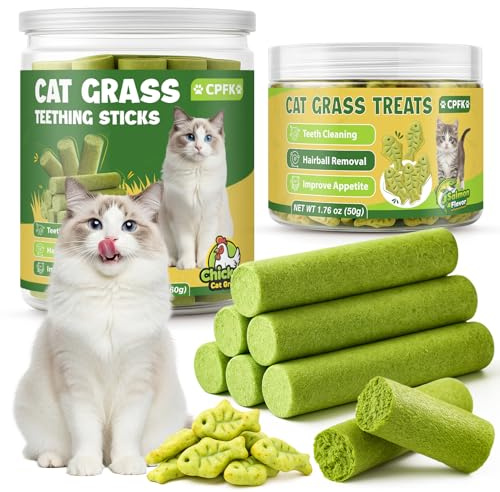 CPFK Cat Grass Teething Sticks 60g and Cats Treats 50 g for Hairball Remedy