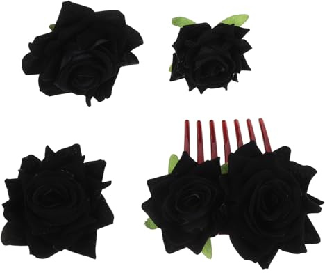 Haarspange mit Rosenblüte aus Stoff, Schwarz, 1 Satz | Seitlicher Kamm, U-form, Brosche, Leicht, Lebendige Textur, für Party und Alltag
