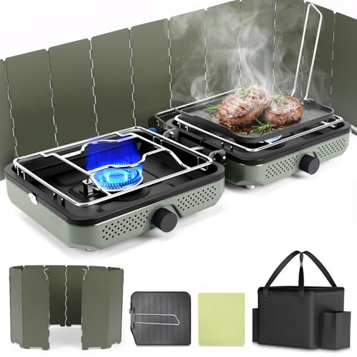 Hisencn Camping Kocher, 2-flammiger Propan Kocher mit Windschutz, 30.000 BTU Tragbarer Propanherd mit Tragetasche, Outdoor Kochset für Camping, Wohnmobil Zubehör, Geschenk für Männer, Grün