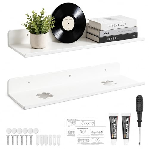 DRAKEWOOD 2Pièce 40cm Metal étagère Murale Flottante Blanche Etagere Murale | Autocollante Etroite Rectangulaire Tablette Murale Blanc pour Douche Cuisine Chambre Salon Bureau - Montage par Vis/Adhesive