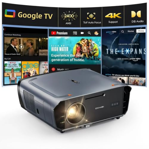 Smart Projector with Google TV, Daytime 2400 ANSI, 4K UHD Support, HDR10 | Official Apps, Dolby Audio, WiFi, Bluetooth, NFC, Auto Focus, Zoom, HDMI ARC 2.1, Ceiling Mountable for Home Theater & Gaming