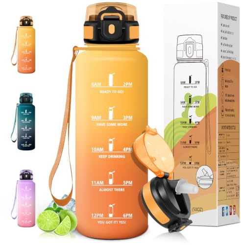 Motswedi Gourde Sport 1.5l, avec Paille, Bouteille d'eau, Anti-Fuite, Bouteille Plastique, Marqueur de Temps de Motivation, Gourde 1.5 litre pour Sport, Vélo, Randonnée, Ambre & orange
