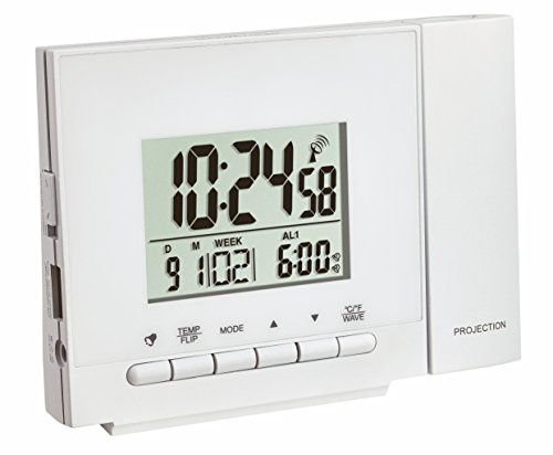 TFA Dostmann Funk-Projektionsuhr, 60.5013, Wecker mit 2 Alarmzeiten, Projektion der Uhrzeit oder Temperatur, Ladefunktion für Mobilgeräte, schwarz