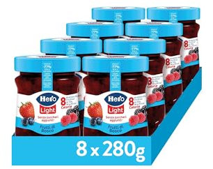 Hero Light Confettura di Frutti di Bosco Light, 8 Vasetti da 280 gr, Marmellata e Confettura Extra con Frutta di Alta Qualità, Senza Zuccheri aggiunti e Pochissime Calorie per Porzione
