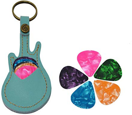 Leder-Gitarrenplektren-Etui mit Schlüsselanhänger, 5 Plektren, Geschenk (hellblau)