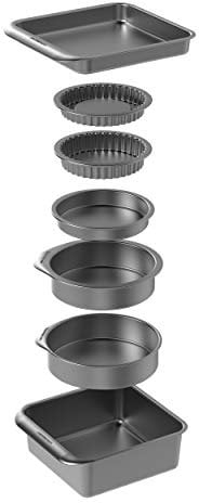 MasterClass Smart Space Bakeware Set 7 Piezas PTFE, PFOA y BPA Free Antiadherente y Apilable con Sartén para Asar, Bandeja para Brownie, 2 Sartenes Redondos, Sartén para Sándwich, 2 Platos para Quiche
