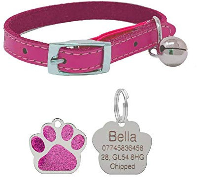 JK Collier en cuir pour chat avec cloche élastique de sécurité, gamme de couleurs et étiquette à paillettes gravée Rose