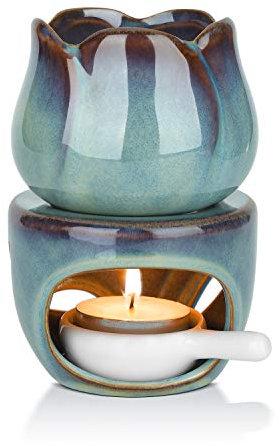 ComSaf Wax Melt Essential Oil Burner with Tealight Spoon, Removable Aromatherapy Burner Blue Ceramic Aroma Oil Candle Diffuser Wax Tart Warmer for Home Bedroom Decor Christmas Housewarming Gift