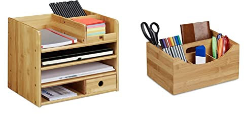 Relaxdays Schreibtisch Organizer, Briefablage A4, Notizzettel und Stifte ordnen, 26 x 33 x 24 cm & Schreibtischorganizer Bambus, Stifteköcher, 4 Fächer, natürliche Maserung, 12 x 25 x 18 cm, natur
