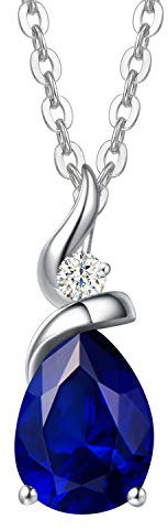 FANCIME Solide 14 Karat 585 Weiß Gold Tropfen Anhänger mit 925 Sterling Silber Kette Halskette mit Synthetisch Saphir und echt Diamant Schmuck für Damen mit Geschenk Box - Kettenlänge: 40 + 5 c