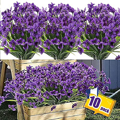 10 mazzi di fiori artificiali in plastica resistente ai raggi UV, piante in seta, fiori finti vegetali, piante per interni ed esterni, fioriera da appendere per casa, finestra, decorazione (viola)