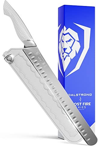 DALSTRONG - Slicing & Carving Knife - 12 - Frost Fire Series - High Chromium 10CR15MOV Stainless Steel - Frosted Sandblast Finish - White Honeycomb Handle - Leather Sheath - NSF Certified