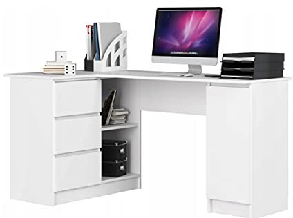 BDW Eckschreibtisch Weiß, 3 Schubladen Links und 4 Einlegeböden, viel Platz zum Ausbreiten. Perfekt für Jugendzimmer, Büros und Ateliers