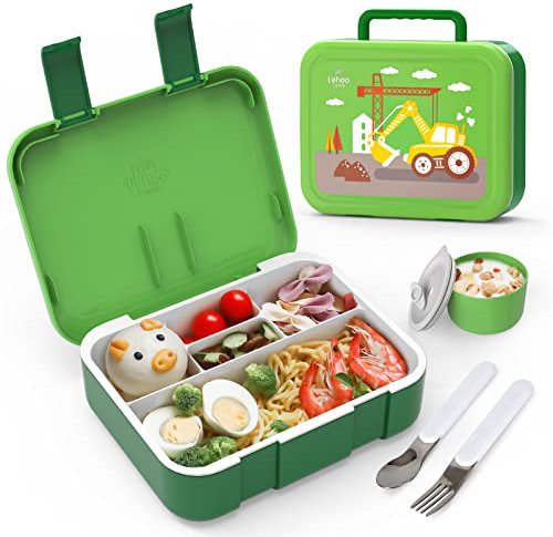 Lehoo Castle Fiambrera Infantil y Antigoteo para Niños, 1250ml - Fiambrera Chica Bento Box con Tenedor, Cuchara, 5 Compartimentos y Salsero (Excavador)