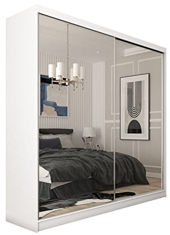 MEBLINI Kleiderschrank mit Spiegel, 2 Türen - Schwebetürenschrank mit Kleiderstange - Schlafzimmerschrank mit Einlegeböden - Wardrobe Closet - Debora - 200 cm - Weiß + Spiegel