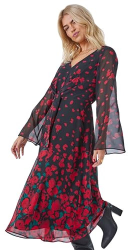 Dusk Fashion Animal Print Knot Detail Dress for Women UK - Ladies Autumn Everyday Winter Holiday V-Neckline Long Sleeve Soft Tie Waist Frock Fit & Flare Gowns Chiffon Front - Red - Size 8
