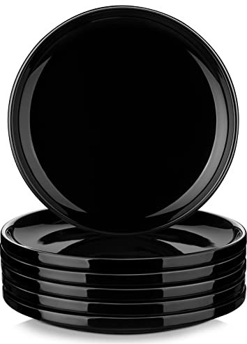 LOVECASA Juego de 6 Platos de Postre 20,6 cm x 2,5 cm, Platos Llanos de Porcelana de Redonda, Platos Modernos, Vajillas Aptos para Lavavajillas y Microondas, Color Negro
