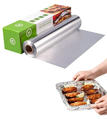 Hahhhha 60 m Aluminiumfolie, hochwertige robuste Blechfolie mit Schneidkante, langlebige Zinnfolie für Catering, Verpacken, Backen, Kochen, Braten, Grillen, Zuhause, Küche, 30 cm breit (Silber)