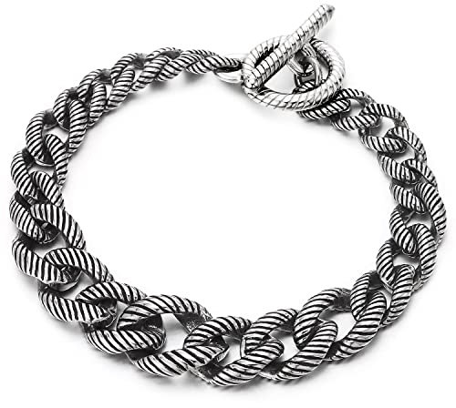 COOLSTEELANDBEYOND Pulsera Acero Para Hombres Mujeres con Cadena Barbada Cubanos y Cierre de Barra, Cadena de Eslabones de Cuerda A Rayas