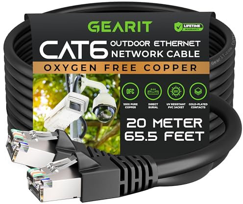 GearIT Cable Ethernet Cat6 para exteriores (20 m) 23 AWG de cobre puro, FTP, LLDPE, impermeable, entierro directo, en tierra, resistente a los rayos UV, POE, red, Lan, Internet, Cat 6, cable Cat6 - 20