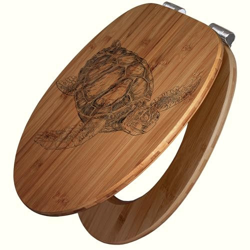 banjado® Hochwertig gravierter Design WC Sitz Bambus Absenkautomatik Schildkröte/Toilettendeckel mit Absenkautomatik Holz/Bambus Klodeckel/WC-Sitz für alle gängigen Toiletten