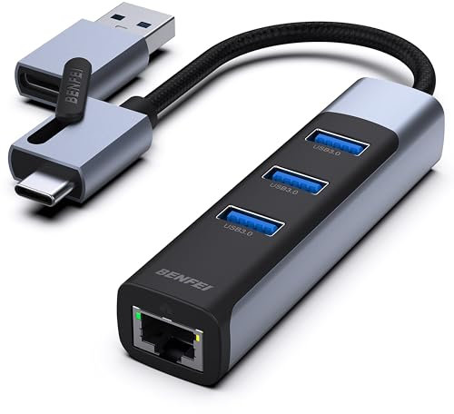 BENFEI Adaptateur 2 en 1 USB-C/USB 3.0 vers Ethernet avec 3 Ports USB 3.0 Compatible avec iPhone série 15, MacBook Pro/Air 2023/2022/2021/2020/2019 et Plus Encore