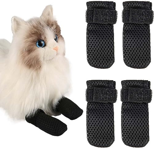 4pcs Anti Scratch Cat Mittens, Adjustable Mesh Cat Foot Covers, Breathable Cats Paw Covers Cat Nail Gloves Cat Paw Protector Cat Booties for Pet Bathing, Cutting Nails, Checking (L, Black)