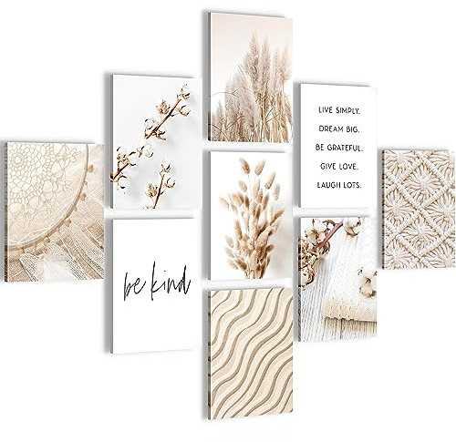 Novart Wandbilder Boho - KOMPLETT AUFHÄNGFERTIG - Pampasgras Wohnzimmer Schlafzimmer- 9 Moderne Bilder Set - N025391a